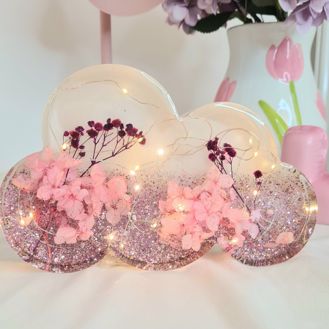 Nebula – Lampe Nuage en Résine Fleurie Rose Mauve, Veilleuse Décorative