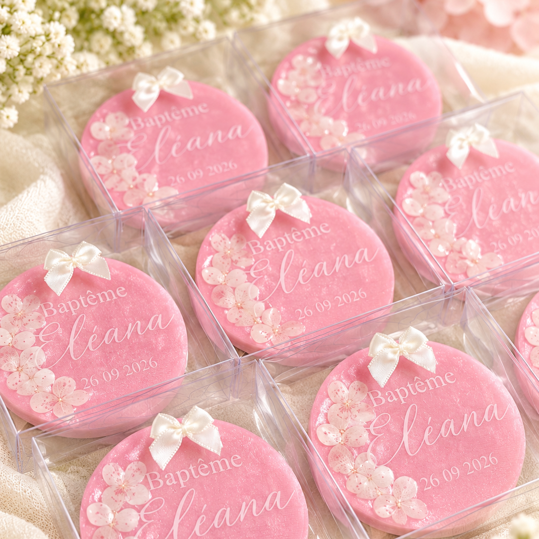 Cadeau invité personnalisé pour baptême, médaillon rond en résine époxy rose avec fleurs d'hortensia et prénom