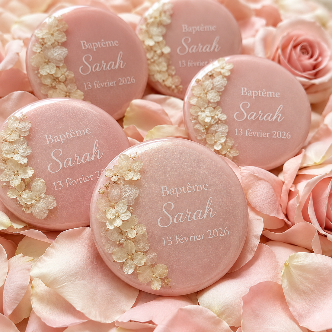 Aimants ronds personnalisés en résine et fleurs d’hortensia – Cadeaux invités