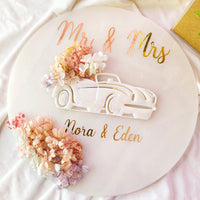 Cadre mariage personnalisé avec voiture et fleurs – Souvenir de bouquet